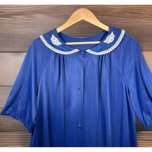 Vintage 1960s Lorraine Robe M Nightgown Housecoat‎ Blue Button Lace Nylon Pocket